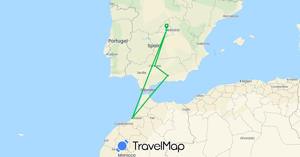 TravelMap itinerary: driving, bus in Spain, Morocco (Africa, Europe)